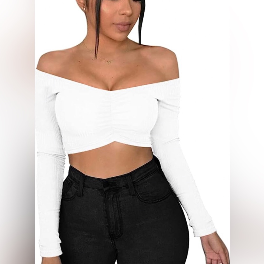 Sexy Off Shoulder Long Sleeve Crop Tube Tops Stretchy Summer Blouse A-White L